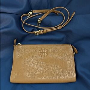 Tory Burch Pebbled Tan Leather Crossbody Handbag Bag w/ Built-In Cardholders